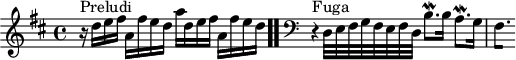 
\version "2.18.2"
\header {
 tagline = ##f
}

\score {
 \new Staff \with {

 }
<<
 \relative c'' {
 \key d \major
 \time 4/4

 %% INCIPIT CBT I-5, BWV 850, ré majeur
 r16^\markup{Preludi} d16 e fis a, fis' e d a' d, e fis a, fis' e d \bar ".."
 \skip 8*1
 \override Staff.Clef.extra-offset = #'(-1 . 0)
 \clef bass 
 \partial 1
 r4^\markup{Fuga} d,,32 e fis g fis e fis d b'8.\mordent b16 a8.\mordent g16 
{ 
 % suppression des warnings :
 #(ly:set-option 'warning-as-error #f)
 #(ly:expect-warning (_ "stem does not fit in beam")) %% <= à traduire éventuellement
 #(ly:expect-warning (_ "beam was started here")) %% <= à traduire éventuellement
 \set stemRightBeamCount = #1
 fis4.*1/4[ s]
}

 }
>>
 \layout {
 \context { \Score \remove "Metronome_mark_engraver" 
 \override SpacingSpanner.common-shortest-duration = #(ly:make-moment 1/2) 
}
 }
 \midi {}
}
