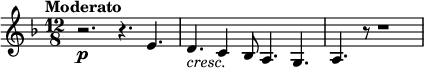 
{
  \new PianoStaff <<
    \new Staff \relative e' {
      \set Staff.midiInstrument = #"piano" \key d \minor \clef treble \time 12/8 \set Score.tempoHideNote = ##t \tempo "Moderato" 4. = 55
  r2. \p r4. e4. | % 2
  d4._\markup { \italic cresc. } c4 bes8 a4. g4. | % 3
  a4. r8 r1
    }
  >>
}
