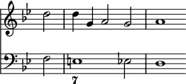 { \override Score.TimeSignature #'stencil = ##f \time 3/2 \key bes \major \partial 2 << \relative d'' { d2 d4 g, a2 g a1 }
\new Staff { \clef bass \key bes \major f2 e1 ees2 d1 }
\figures { < _ >2 < 7 >1 } >> }