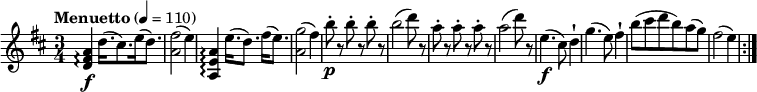 
\relative c'' { 
  \version "2.18.2"
  \key d \major
  \tempo "Menuetto" 4 = 110
   \time 3/4  
  <d, fis a>4\arpeggio \f d'16. (cis8.) e16 (d8.)
  <a fis'>2  (e'4)
  <a,, e' a>4\arpeggio e''16. (d8.) fis16 (e8.)
   <a, g'>2  (fis'4)
   b8-.\p r  b-. r  b-. r
   b2 (d8) r
   a8-. r  a-. r  a-. r
   a2 (d8) r
   e,4. \f (cis8) d4-!
    g4. (e8) fis4-!
    b8 (cis d b) a (g)
    fis2 (e4) \bar ":|."
}
