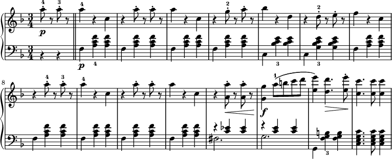 
 \relative b' {
  \new PianoStaff <<
   \new Staff { \key d \minor \time 3/4
    \set Score.tempoHideNote = ##t
    \tempo "" 2. = 64
        \partial 2 a'8-.-4\p r a-.-3 r \bar "||" a4-4 r c, r a'8-. r a-. r a4 r c, r g'8-.-2 r a-. r bes4 r d, r d8-.-2 r e-. r f4 r c r a'8-.-4 r a-.-3 r a4-4 r c, r a'8-. r a-. r a4 r c, r <a' a,>8-.\< r <a a,>-. r <g g,>4\f a8-1( b c d <e, e'>4) <d d'>4.\> <e e'>8-.\! <c c'>4. <c c'>8 <c c'>4
   }
   \new Staff { \key d \minor \time 3/4 \clef bass
    <<
      { s4 s s s s s s s s s s s s s s s s s s s s s s s s s s s s s s s s s s r <c, ees> <c ees> r <c e> <c e> }
    \\
      { b,4\rest b4\rest f'\p <a c f>-4 <a c f> f <a c f> <a c f> f <a c f> <a c f> f <a c f> <a c f> c, <bes' c e>-3 <bes c e> c, <g' bes c e>-3 <g bes c e> f <a c f> <a c f> f <a c f> <a c f> f <a c f> <a c f> f <a c f> <a c f> f <a c f> <a c f> fis2. g2. g,4 <f' g b>-3 <f g b> <c e g c>4. <c e g c>8 <c e g c>4 }
    >>
      }
  >>
 }
