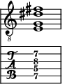  
<<
  %\override Score.BarLine.break-visibility = ##(#f #t #t)
  \time 1/1
    \new Staff  {
    \clef "treble_8"
        \once \override Staff.TimeSignature #'stencil = ##f
        < e g dis' fis' >1
    }

     \new TabStaff {
       \override Stem #'transparent = ##t
       \override Beam #'transparent = ##t 
      < e\5 g\4 dis'\3 fis'\2 >1
  }
>>
