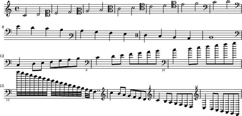 
 \relative c' {
  \clef trble c2 d \clef soprano c d \clef mezzosoprano c d \clef alto c d \clef tenor c d \clef baritone c d \clef bass c d 
  \break
  \clef subbass c4 b a g \clef varbaritone c b a g \clef percussion c b a g a1
  \break
  \clef bass c,4 d8 e f g a b \clef "bass_8" c,4 d8 e f g a b \clef "bass_15" c,4 d8 e f g a b 
  \break
  c32 b a g f e d c b a g f e d c b a g f4.. \clef treble c''''4 b8 a g f e d \clef "treble^8" c'4 b8 a g f e d \clef "treble^15" c'4 b8 a g f e d}
