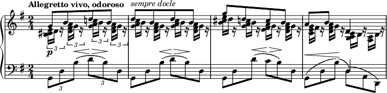 
\relative c'' {
 \new PianoStaff <<
  \new Staff { \key g \major \time 2/4 \set Score.tempoHideNote = ##t
   \tempo "Allegretto vivo, odoroso" 8=112
   \override Score.NonMusicalPaperColumn #'line-break-permission = ##f
   <<
    {
     g8\p [ b d b] d^\markup { \italic { sempre docle } } [ b d b] g'[ d c b] a b d,4
    }
   \\
    {
     \times 2/3 { <e cis b>16 d e\rest } \times 2/3 { <a fis d> g e\rest }
     \times 2/3 { <c'! a g> b e,\rest } \times 2/3 { <a fis d> g e\rest }
     <c' a g>16*2/3 b e,\rest <a fis d> g e\rest <c' a g> b e,\rest <a fis d> g e\rest
     <e' cis b> d e,\rest <c'! a g> b e,\rest <a fis e> g e\rest <a fis d> g e\rest
     <g e c> fis e\rest <a fis d> g e\rest <c a g> b e\rest <a, fis> b e\rest
    }
   >>
  }
  \new Staff { \key g \major \time 2/4 \clef bass
   \times 2/3 { g,,8 d' b'( ^\< } \times 2/3 { d^\> b) \! d, }
   g,8*2/3 d' b'( ^\< d^\> b) \! d, g, d' d'( ^\< c^\> b) \! d, 
   << { s4 d } \\ { g,8*2/3 ^( ^\< d' b') \! ^( d,) ^( a d,) } >>
  }
 >>
}
