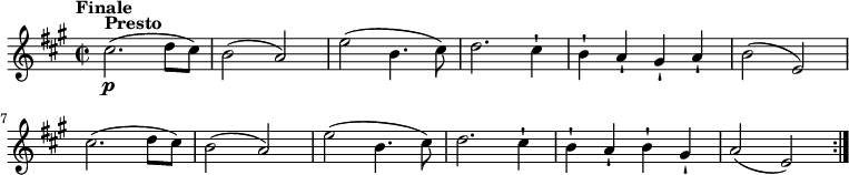 
\version "2.18.2"
\relative c'' {
 \key a \major
 \time 2/2
 \tempo "Finale "
 \tempo 4 = 280
 cis2.^\markup {\bold Presto} \p (d8 cis)
 b2 (a)
 e' (b4. cis8)
 d2. cis4-!
 b-! a-! gis-! a-! 
 b2 (e,)
 cis'2. (d8 cis)
 b2 (a)
 e' (b4. cis8)
 d2. cis4-!
 b-! a-! b-! gis-! 
 a2 (e) \bar ":|."
}
