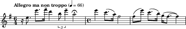 
  \ relative c '' {\ clef treble \ key e \ minor \ time 6/4 \ tempo "Allegro ma non troppo" 4 = 66 r16 e8.  e'8. [fis16--] d4 \ times 2/3 {b8 e4--} a, 2 \ fermata \ time 4/4 e'4 c8. (a16) fis2 fis8 (e ') c8. (b16) g (fis8. ~ fis4)}
