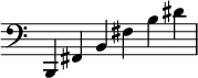 { \override Score.TimeSignature #'stencil = ##f \time 6/4 { \clef bass b,, fis, b, fis b dis' } }