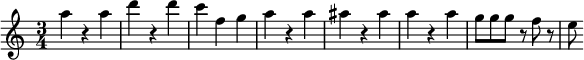 { \key a \minor \time 3/4 \relative c' { \set Score.tempoHideNote = ##t \tempo 2. = 64 a'' r a d r d c f, g a r a ais r ais a r a g8 g g r f r e } }