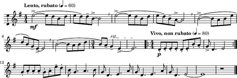 
\version "2.18.2"
\layout { \context { \Voice \consists "Ambitus_engraver" } }
\header { tagline = "" }    % ne legyen copyright szöveg
dallam = \relative c' {
      \key d \minor
      \numericTimeSignature \time 4/4
      \override Score.MetronomeMark.padding = #3 \tempo "Lento, rubato" 4 = 60
      \set Staff.midiInstrument = "ocarina"
      \override TextSpanner.bound-details.left.text = "rit."
        d'2(->\mf ~ d8 c a c d c) c-- a-> ~ a2\breathe d2(-> ~ d8 c a c d c) a-- g-> ~ g2\breathe
        a2(-> ~ a8 g a d c a) f-- d-> ~ d2\breathe a'( ~ a8 g a c \time 3/4 a) g-- f4--\startTextSpan d-> ~ d2.\stopTextSpan
      \override Score.MetronomeMark.padding = #2 \tempo "Vivo, non rubato" 4 = 80 \time 4/4
      \set Staff.midiInstrument = "piccolo"
        \repeat volta 2 { c8-.\p d-. d-. d-. c-. d-. a'-. g-. f-> c4. d2 }
        f8-. g-. g-. g-. f-. g-. d'-. c-. a f4. g a8 f c4. d g8 f c4. d g8 f c4. d2 ~ d1 r
        \bar "|."
      }
\score { \transpose d e
   \dallam
   \layout { indent = 0.0\cm }
}
\score { \transpose d e
   \unfoldRepeats
   \dallam
   \midi { }
}
