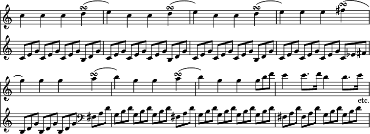 { << \new Staff \relative c'' { \override Score.TimeSignature #'stencil = ##f \override TupletNumber #'stencil = ##f \override Score.BarNumber #'break-visibility = #'#(#f #f #f)
  c4 c c d(\turn | e) c c d(\turn | %end line 1
  e) c c d(\turn | e) e e fis(\turn | %end line 2
  g) g g a(\turn | b) g g a(\turn | %end line 3
  b) g g \tuplet 3/2 { g8 b d } | c4 c8. d16 b4 b8. c16_"etc." }
\new Staff \relative c'{ \override TupletNumber #'stencil = ##f
 \tuplet 3/2 4 {
  \repeat unfold 3 { \repeat unfold 3 { c8 e g } b, d g } 
  \repeat unfold 3 { c, e g } c, ees fis | %end line 2
  \repeat unfold 3 { b, d g } \clef bass fis, a d |
  \repeat unfold 3 { g, b d } fis, a d | %end line 3
  \repeat unfold 4 { g, b d } |
  fis, a d fis, a d g, b d g, b d } } >> }