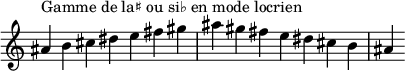  {
\override Score.TimeSignature #'stencil = ##f
\relative c'' {
 \clef treble \time 7/4
 ais4^\markup { Gamme de la♯ ou si♭ en mode locrien } b cis dis e fis gis ais gis fis e dis cis b ais
} }
