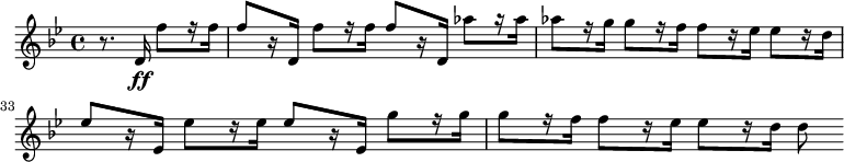 
{
    \relative c' {
        \set Score.currentBarNumber = #31
        \time 4/4 \key bes \major
        \partial2 r8. d16\ff f'8
        f8 f'8 f8 aes''8
        aes8 g8 f8 es8
        es8 es'8 es8 g'8
        g8 f8 es8 d8
    }
}
