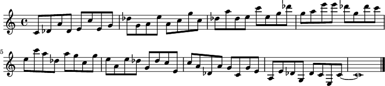 
{

\modalTranspose c c' { c des e g a } { c8 des a } 
\modalTranspose c des' { c des e g a } { c des a } 
\modalTranspose c e' { c des e g a } { c des a } 
\modalTranspose c g' { c des e g a } { c des a } 
\modalTranspose c a' { c des e g a } { c des a } 
\modalTranspose c c'' { c des e g a } { c des a } 
\modalTranspose c des'' { c des e g a } { c des a } 
\modalTranspose c e'' { c des e g a } { c des a } 
\modalTranspose c g'' { c des e g a } { c des a } 

\modalInversion c e''' { c des e g a } { c des a } 
\modalInversion c des''' { c des e g a } { c des a } 
\modalInversion c c''' { c des e g a } { c des a } 
\modalInversion c a'' { c des e g a } { c des a } 
\modalInversion c g'' { c des e g a } { c des a } 
\modalInversion c e'' { c des e g a } { c des a } 
\modalInversion c des'' { c des e g a } { c des a } 
\modalInversion c c'' { c des e g a } { c des a } 
\modalInversion c a' { c des e g a } { c des a } 
\modalInversion c g' { c des e g a } { c des a } 
\modalInversion c e' { c des e g a } { c des a } 
\modalInversion c des' { c des e g a } { c des a } 

c'8~ c'1

\bar "|."
}
