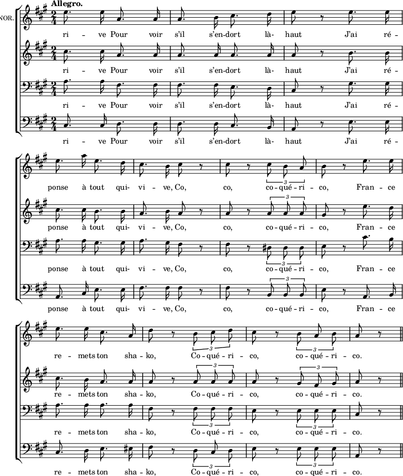 
  \new ChoirStaff <<
    \new Staff {
      \new Voice = "tenorone" {
        \relative c'' { 
        \key a \major
        \time 2/4
        \clef "treble"
        \tempo "Allegro."
        \autoBeamOff
        \set Staff.vocalName = \markup \smallCaps "1er Tenor."
        \set Staff.midiInstrument = #"piccolo"
e8. e16 a,8. a16 | a8. b16 cis8. d16 | e8 r e8. e16 \break
e8. a16 e8. d16
  cis8. b16 cis8 r
  cis r \tuplet 3/2 { cis8 b a }
  b8 r e8. e16 \break
e8. e16 cis8. a16
  d8 r \tuplet 3/2 { b8 cis d }
  cis8 r \tuplet 3/2 { b8 a b }
  a8 r \bar "||"
         }
      }
    }
    \new Lyrics = "tenorone"
    \new Staff {
      \new Voice = "tenortwo" {
        \relative c'' { 
        \autoBeamOff
        \key a \major
        \set Staff.midiInstrument = #"piccolo"
cis8. cis16 a8. a16 | a8. a16 a8. a16 | a8 r b8. b16
cis8. cis16 b8. b16
  a8. b16 a8 r
  a r \tuplet 3/2 { a8 a a }
  gis8 r e'8. d16
cis8. b16 a8. a16
  a8 r \tuplet 3/2 { a a a }
  a8 r \tuplet 3/2 { gis8 fis gis }
  a8 r \bar "||"
        }
      }
    }
    \new Lyrics = "tenortwo"
    \new Staff {
      \new Voice = "basseone" {
        \relative c'' { 
        \autoBeamOff
        \clef bass
        \key a \major
        \set Staff.midiInstrument = #"clarinet"
a,8. a16 fis8. fis16 | fis8. fis16 e8. d16 | cis8 r gis'8. gis16
a8. a16 gis8. gis16
  a8. gis16 fis8 r
  fis r \tuplet 3/2 { dis8 dis dis }
  e8 r cis'8. b16
a8. a16 a8. a16
  fis8 r \tuplet 3/2 { fis8 fis fis }
  e8 r \tuplet 3/2 { e8 e e }
  cis8 r \bar "||"
        }
      }
    }
    \new Lyrics = "basseone"
    \new Staff {
      \new Voice = "bassetwo" {
        \relative c'' { 
        \autoBeamOff
        \clef bass
        \key a \major
        \set Staff.midiInstrument = #"clarinet"
cis,,8. cis16 d8. d16 | d8. d16 cis8. b16 | a8 r e'8. e16
a,8. cis16 e8. e16
  fis8. fis16 fis8 r
  fis r \tuplet 3/2 { b,8 b b }
  e8 r a,8. b16
cis8. d16 e8. eis16
  fis8 r \tuplet 3/2 { d8 cis d }
  e8 r \tuplet 3/2 { e8 e e }
  a,8 r \bar "||"
        }
      }
    }
    \new Lyrics = "bassetwo"

    \context Lyrics = "tenorone" {
      \lyricsto "tenorone" {
ri -- ve
Pour voir s’il s’en -- dort là- haut
J’ai ré -- ponse à tout qui- vi -- ve,
Co, co, co -- qué -- ri -- co,
Fran -- ce re -- mets ton sha -- ko,
Co -- qué -- ri -- co, co -- qué -- ri -- co.
      }
    }
    \context Lyrics = "tenortwo" {
      \lyricsto "tenortwo" {
ri -- ve
Pour voir s’il s’en -- dort là- haut
J’ai ré -- ponse à tout qui- vi -- ve,
Co, co, co -- qué -- ri -- co,
Fran -- ce re -- mets ton sha -- ko,
Co -- qué -- ri -- co, co -- qué -- ri -- co.
      }
    }
    \context Lyrics = "basseone" {
      \lyricsto "basseone" {
ri -- ve
Pour voir s’il s’en -- dort là- haut
J’ai ré -- ponse à tout qui- vi -- ve,
Co, co, co -- qué -- ri -- co,
Fran -- ce re -- mets ton sha -- ko,
Co -- qué -- ri -- co, co -- qué -- ri -- co.
      }
    }
    \context Lyrics = "bassetwo" {
      \lyricsto "bassetwo" {
ri -- ve
Pour voir s’il s’en -- dort là- haut
J’ai ré -- ponse à tout qui- vi -- ve,
Co, co, co -- qué -- ri -- co,
Fran -- ce re -- mets ton sha -- ko,
Co -- qué -- ri -- co, co -- qué -- ri -- co.
      }
    }
  >>
  \layout {
    \override Rest #'style = #'classical
    \override Score.BarNumber #'stencil = ##f
    % line-width = #120
    \set fontSize = #-1
  }
