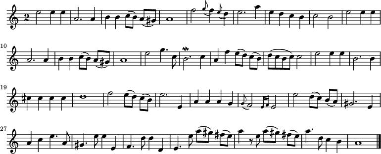 
\relative c'' {
  \key a \minor
  \override Staff.TimeSignature #'style = #'single-digit
  \time 2/2
  e2 e4 e
  a,2. a4
  b b c8([ b)] a( gis)
  a1
  f'2 \appoggiatura g8 f4 \appoggiatura e8 d4
  e2. a4
  e d c b
  c2 b

  e e4 e
  a,2. a4
  b b c8([ b)] a( gis)
  a1
  e'2 g4. c,8
  b2.\mordent c4
  a f' e8[( d]) c( b)
  d( c b c) c2

  e2 e4 e
  b2. b4
  cis cis cis cis
  d1
  f2 e8[( d]) c( b)
  e2. e,4
  a a a g
  \appoggiatura g8 f2 \grace { e16[ f]} e2
  e'2 d8[(  c]) b( a)

  gis2. e4
  a c e4. a,8
  gis4. e'8 e4 e,
  f4. d'8 d4 d,
  e4. e'8 a[( gis]) fis( e)
  a4 r8 e a[( gis]) fis( e)
  a4. d,8 c4 b
  a1
  \bar "|."
}
