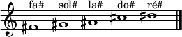 {\new Staff \with { \remove "Time_signature_engraver" }\clef treble\time 5/1fis'1^"fa#" gis'^"sol#" ais'^"la#" cis''^"do#" dis''^"ré#"\bar "|."}