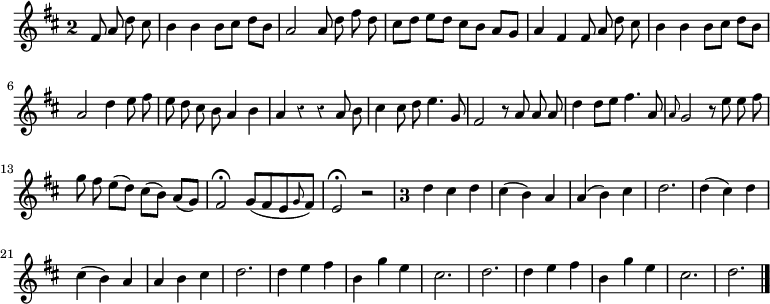 
\relative c' {
  \key d \major
  \override Staff.TimeSignature #'style = #'single-digit
  \time 2/2
  \partial 2
  \autoBeamOff
  \override Rest #'style = #'classical
  fis8 a d cis
  b4 b b8[ cis] d[ b]
  a2 a8 d fis d
  cis[ d] e[ d] cis[ b] a[ g]
  a4 fis fis8 a d cis
  b4 b b8[ cis] d[ b]

  a2 d4 e8 fis
  e d cis b a4 b
  a r r a8 b
  cis4 cis8 d e4. g,8
  fis2 r8 a a a
  d4 d8[ e] fis4. a,8
  \grace a g2 r8 e' e fis

  % tourne

  g fis e[( d]) cis[( b]) a[( g])
  fis2\fermata g8[( fis e \grace g fis])
  e2\fermata r
  \time 3/4
  d'4 cis d
  cis( b) a
  a( b) cis
  d2.
  d4( cis) d
  cis( b) a

  a b cis
  d2.
  d4 e fis
  b, g' e
  cis2. d
  d4 e fis
  b, g' e
  cis2. d
  \bar "|."
}
