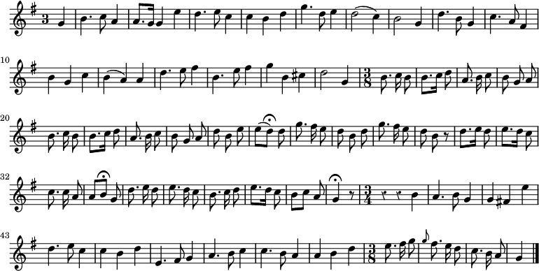 
\relative c'' {
  \override Rest #'style = #'classical
  \key g \major
  \once \override Staff.TimeSignature #'style = #'single-digit
  \time 3/4
  \partial 4
  g
  b4. c8 a4
  a8. g16 g4 e'
  d4. e8 c4
  c b d
  g4. d8 e4
  d2( c4)
  b2 g4
  d'4. b8 g4

  c4. a8 fis4
  b4 g c
  b( a) a
  d4. e8 fis4
  b,4. e8 fis4
  g4 b, cis
  d2 g,4
  \time 3/8
  \autoBeamOff
  b8. c16 b8
  b8.[ c16] d8

  a8. b16 c8
  b g a
  b8. c16 b8
  b8.[ c16] d8
  a8. b16 c8
  b g a
  d b e
  e[( d])\fermata d
  g8. fis16 e8

  d b d
  g8. fis16 e8
  d b r
  d8.[ e16] d8
  e8.[ d16] c8
  c8. c16 a8
  a[ b]\fermata g
  d'8. e16 d8
  e8. d16 c8
  b8. c16 d8

  e8.[ d16] c8
  b[ c] a
  g4\fermata r8
  \time 3/4
  r4 r b
  a4. b8 g4
  g fis! e'
  d4. e8 c4
  c b d
  e,4. fis8 g4
  a4. b8 c4

  c4. b8 a4
  a b d
  \time 3/8
  e8. fis16 g8
  \grace g fis8. e16 d8
  c8. b16 a8
  g4
  \bar "|."
}
