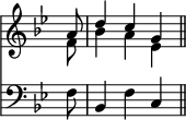 { \override Score.TimeSignature #'stencil = ##f \time 3/4 \partial 8 \key bes \major << \relative a' << { a8 d4 c g \bar "||" } \\ { f8 bes4 a ees } >> \new Staff { \clef bass \key bes \major \relative f { f8 bes,4 f' c } } >> }