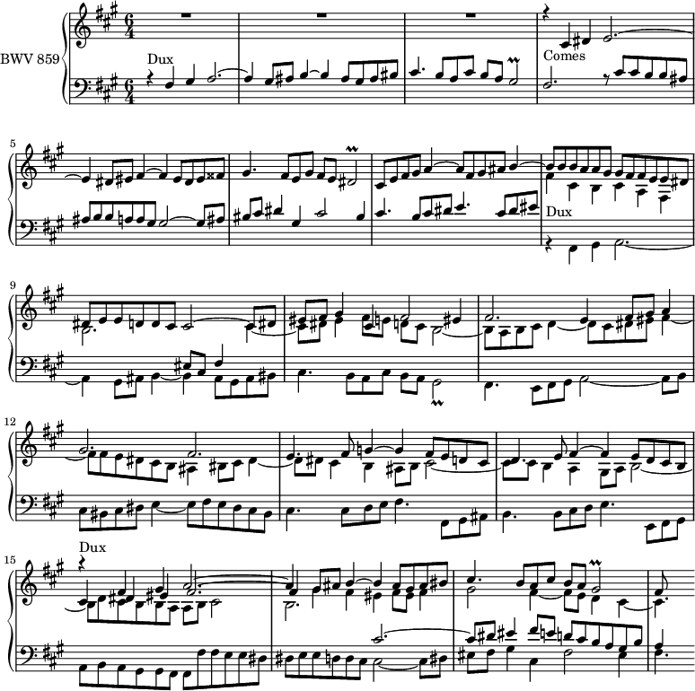 
\version "2.18.2"
\header {
  tagline = ##f
}

PrallgisB     = { \tag #'print { gis2\prall } \tag #'midi { \times 2/3 { a16 gis a gis a gis a gis a } gis8 }  }

DuxNotes         = \relative { fis4 gis a2.~ a4 gis8 ais b4~ b4 ais8 gis ais bis cis4. b8 a cis b a \PrallgisB }
Dux              = { r4^\markup{Dux} \DuxNotes }
Comes            = { r4_\markup{Comes} \transpose fis cis { \DuxNotes } }
ContreSujet      = { cis8 cis b b ais ais b b a a gis gis2~ gis8 ais bis cis dis4 gis, cis2 bis4 cis4. b8 cis dis e4. cis8 dis eis }
ContreSujetCourt = { cis8 cis b b ais ais b b a a gis gis2~ gis8 ais bis cis dis4 gis, cis2 bis4 }

upper = \relative c'' 
{
  \clef treble 
  \key fis \minor
  \time 6/4
  \tempo 4 = 96
  \set Staff.midiInstrument = #"harpsichord" 

   %% FUGUE CBT I-14, BWV 859, fa-dièse mineur

   << { s1.*14 \transpose c c' \Dux fis,8 } \\ { s1.*7 fis4 cis b cis a fis b2.  s2  cis4~ cis8 dis eis4 fis8 e d cis b2~ | b8 a b cis d4~ d8 cis dis eis fis4~ fis8 fis e dis cis b ais4 bis8 cis dis4~ | dis8 dis cis4 b ais8 b cis2~ | cis8 cis b4 a gis8 a b2~ | b8 d cis b b a a b cis2 b2. } \\ { R1.*3 \transpose c c' \Comes \tag #'print cis8 \tag #'midi r8 e8 fis gis a4~ a8 fis gis ais b4~ b8 b b a a gis gis \transpose cis fis' { \relative \ContreSujetCourt } fis2. e4 fis8 gis a4 gis2. fis2. | e4. fis8 g4~ g fis8 e d cis d4. e8 fis4~ fis e8 d cis b cis4 dis eis fis2.~ | fis4 \stemDown gis fis eis fis8 eis fis4 | gis2 fis4_~ fis8 e d4 cis_~ | cis4. } >> 
}

lower = \relative c'
 {
  \clef bass 
  \key fis \minor
  \time 6/4
  \set Staff.midiInstrument = #"harpsichord" 
    
  << { \Dux fis,2. r8 \transpose c c' { \relative \ContreSujet } s1. s2. eis8 cis fis4 s4 | s1.*6 s2.  cis'2.~ | cis8 dis eis4 fis8 e d cis b a gis b | a4 } \\ { s1.*7 \transpose c c, \Dux fis,4. e8 fis gis a2~ a8 b | cis bis cis dis e4~ e8 fis e dis cis bis | cis4. cis8 d e fis4. fis,8 gis ais b4. b8 cis d e4. e,8 fis gis | a b a gis gis fis fis \transpose cis fis { \relative \ContreSujetCourt } fis'4. } >>
  
} 


 thePianoStaff = \new PianoStaff <<
    \set PianoStaff.instrumentName = #"BWV 859"
    \new Staff = "upper" \upper
    \new Staff = "lower" \lower
  >>
\score {
  \keepWithTag #'print \thePianoStaff
  \layout {
    \context {
      \Score
      \remove "Metronome_mark_engraver"
    }
  }
}

\score {
  \keepWithTag #'midi \thePianoStaff
  \midi { }
}
