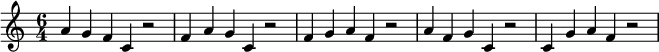 {\ set Staff.midiInstrument = # "Dzwony rurowe" \ czas 6/4 a'4 g 'f' c 'r2 f'4 a' g 'c' r2 f'4 g 'a' f 'r2 a'4 f 'g' c 'r2 c'4 g' a 'f' r2}