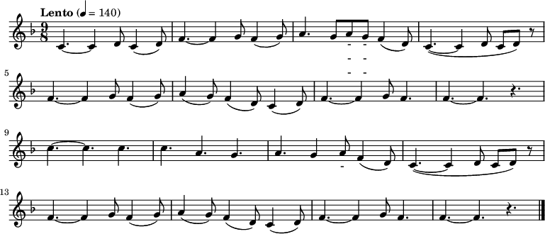 
\relative c' { \key f \major \time 9/8 \tempo "Lento" 4 = 140 \set Staff.midiInstrument = #"violin"
c4. ~ c4 d8 c4 ( d8 ) | f4. ~ f4 g8 f4 ( g8 ) | a4. g8 a g f4 ( d8 ) | c4. ~ ( c4 d8 c d ) r8 |\break
f4. ~ f4 g8 f4 ( g8 ) | a4 ( g8 ) f4 ( d8 ) c4 ( d8 ) | f4. ~ f4 g8 f4.| f4. ~ f4. r4. |\break
c'4. ~ c c | c4. a4. g4. | a4. g4 a8 f4 ( d8 ) | c4. ~ ( c4 d8 c d ) r8 |\break
f4. ~ f4 g8 f4 ( g8 ) | a4 ( g8 ) f4 ( d8 ) c4 ( d8 ) | f4. ~ f4 g8 f4.| f4. ~ f4. r4. \bar "|."}
\addlyrics {
아 리 랑 아 리 랑 아 라 - - 리 요
아 리 랑 고 개 로 넘 어 간 다
나 를 버 리 고 가 시 는 임 은
십 리 도 못 가 서 발 병 난 다}
\addlyrics {
아 리 랑 아 리 랑 아 라 - - 리 요
아 리 랑 고 개 로 넘 어 간 다
청 천 하 늘 엔 별 도 - 많 고
우 리 네 가 슴 엔 꿈 도 많 다}
\addlyrics {
아 리 랑 아 리 랑 아 라 - - 리 요
아 리 랑 고 개 로 넘 어 간 다
저 기 저 산 이 백 두 산 이라 지
동 지 섣 달 에 도 꽃 만 핀 다}
