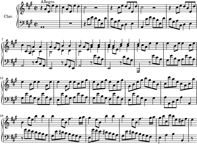 
\version "2.18.2"
\header {
 tagline = ##f
 % composer = "Domenico Scarlatti"
 % opus = "K. 456"
 % meter = "Allegro"
}

%% les petites notes
%trillBesp = { \tag #'print { bes4.\prall } \tag #'midi { c32 bes c bes~ bes4 } }

upper = \relative c'' {
 \clef treble 
 \key a \major
 \time 2/2
 \tempo 2 = 82
 \set Staff.midiInstrument = #"harpsichord"
 \override TupletBracket.bracket-visibility = ##f

 s8*0^\markup{Allegro}
 r4 a8 e e'4 d | cis a8 e e'4 d | \repeat unfold 2 { cis2 r2 | r4 cis8 e d b e, d' } |
 % ms. 7
 cis4 cis,8 a << { a'4 a | a gis8 e b'4 b } \\ { cis,4 cis | b2 d4 d } >> | 
 % ms. 9
 << { b'4 a8 e cis'4 cis | cis b d d | d } \\ { cis,2 a'4 a | a gis8 e b'4 b | b } >> cis8 a e'4 e | e b8 e e4 cis8 e |
 % ms. 13
 e4 b8 e e4 a,8 e' | e4 gis,8 e' e cis e gis | e b e gis e a, e' gis | gis, b e gis b gis e b |
 % ms. 17
 cis8 cis' a e cis a cis a' | b,4 gis'8 e b'4 b | b e,8 b fis'4. gis16 a | gis4 e8 b b'4 b |
 % ms. 21
 b4 e,8 b fis'4. gis16 a | gis8 b cis, cis' b e, dis fis | e4

}

lower = \relative c' {
 \clef bass
 \key a \major
 \time 2/2
 \set Staff.midiInstrument = #"harpsichord"
 \override TupletBracket.bracket-visibility = ##f

 % ************************************** \appoggiatura a16 \repeat unfold 2 { } \times 2/3 { } \omit TupletNumber 
 a,1 | R1 | r4 cis'8 e d b e, d' | cis gis a cis, d4 e |
 % ms. 5
 a,4 cis'8 e d b e, d' | cis gis a cis, d4 e | a,2 r8 e'8 cis a | e2 r8 b'8 gis e |
 % ms. 9
 a2 r8 e''8 cis a | e,2 r8 d''8 b gis | a,,2 r8 e'''8 cis a | gis e' b gis a e' cis a |
 % ms. 13
 gis8 e' b gis fis e' a, fis | e e' b gis a e' cis a | gis e' b gis fis e' a, fis | e e' b gis e4 gis |
 % ms. 17
 a8 a, cis e a4 a, | r8 gis''8 fis e d cis b a | gis e' dis cis b a gis fis | e gis' fis e dis cis b a |
 % ms. 21
 gis8 e' dis cis b a gis fis | e4 a b b, | r8 s8

}

thePianoStaff = \new PianoStaff <<
 \set PianoStaff.instrumentName = #"Clav."
 \new Staff = "upper" \upper
 \new Staff = "lower" \lower
 >>

\score {
 \keepWithTag #'print \thePianoStaff
 \layout {
 #(layout-set-staff-size 17)
 \context {
 \Score
 \override SpacingSpanner.common-shortest-duration = #(ly:make-moment 1/2)
 \remove "Metronome_mark_engraver"
 }
 }
}

\score {
 \keepWithTag #'midi \thePianoStaff
 \midi { }
}
