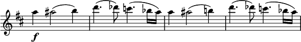 
 \relative c' \new Staff \with { \remove "Time_signature_engraver" } {
 \key d \major \time 2/2
 a''4\f ais2( b4) d4.( des8) c4.( bes16 a) a4 ais2( b!4) d4.( des8) c4.( bes16 a)
 }
