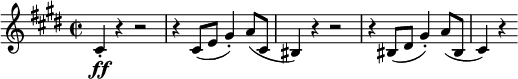 
\relative c' {
 \key cis \minor \time 2/2
 \set Score.tempoHideNote = ##t \tempo 2 = 132
 \set Staff.midiInstrument = "violin"

 cis4-.\ff r4 r2 |
 r4 cis8(e gis4-.) a8(cis, |
 bis4) r4 r2 |
 r4 bis8(dis gis4-.) a8(bis, |
 cis4) r4
}
