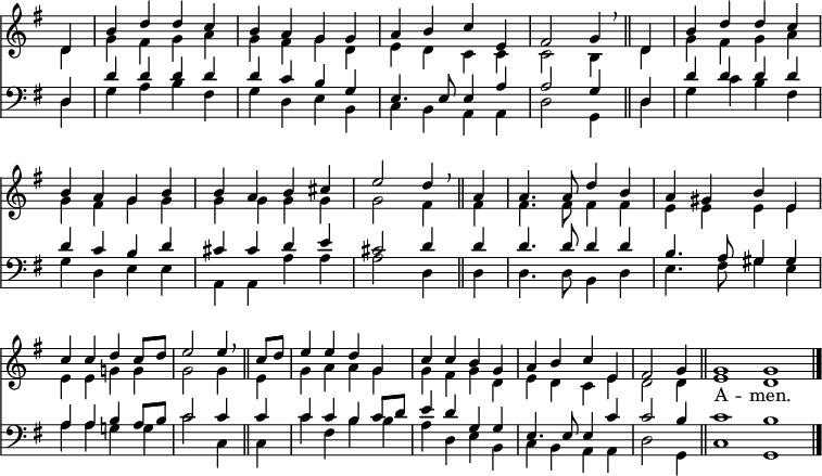 
<< <<
\new Staff { \clef treble \time 4/4 \partial 4 \key g \major \set Staff.midiInstrument = "church organ" \omit Staff.TimeSignature \set Score.tempoHideNote = ##t \override Score.BarNumber  #'transparent = ##t
  \relative c'
  << { d4 | b' d d c | b a g g | a b c e, | fis2 g4 \breathe \bar"||"
       d | b' d d c | \break b a g b | b a b cis | e2 d4 \breathe \bar"||"
       a | a4. 8 d4 b | a gis b e, | \break c' c d c8 d | e2 4 \breathe \bar"||"
       c8 d | e4 e d g, | c c b g | a b c e, | fis2 g4 \bar"||" \cadenzaOn g1 g \bar"|." } \\
  { d4 | g fis g a | g fis g d | e d c c | c2 b4 d | g fis g a
    g fis g g | g g g g | g2 fis4 4 | 4. 8 4 4 | e e e e
    e e g! g | g2 4 e | g a a g | g fis g d | e d c e | d2 4 | e1 d } >>
}
\addlyrics { _ _ _ _ _ _ _ _ _ _ _ _ _ _ _ _
             _ _ _ _ _ _ _ _ _ _ _ _ _ _ _ _
             _ _ _ _ _ _ _ _ _ _ _ _ _ _ _
             _ _ _ _ _ _ _ _ _ _ _ _ _ _ _ A -- men. }
\new Staff { \clef bass \key g \major \set Staff.midiInstrument = "church organ" \omit Staff.TimeSignature
  \relative c
  << { d4 | d' d d d | d c b g | e4. 8 4 a | a2 g4 d | d' d d d
       d c b d | cis cis d e | cis2 d4 d | d4. 8 4 4 | b4. a8 gis4 4
       a a b a8 b | c2 4 4 | 4 4 b c8 d | e4 d g, g | e4. 8 4 c' | c2 b4 | c1 b } \\
  { d,4 | g a b fis | g d e b | c b a a | d2 g,4 d' | g c b fis 
    g d e e | a, a a' a | a2 d,4 d | d4. 8 b4 d | e4. fis8 gis4 e 
    a a g! g | c2 c,4 c | c' fis, b b | a d, e b | c b a a | d2 g,4 | c1 g } >>
}
>> >>
\layout { indent = #0 }
\midi { \tempo 4 = 100 }
