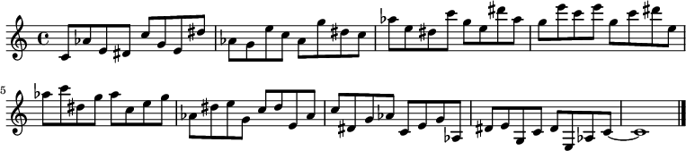 
{

\modalTranspose c c' { c dis e g aes } { c8 aes e } 
\modalTranspose c dis' { c dis e g aes } { c aes e } 
\modalTranspose c e' { c dis e g aes } { c aes e } 
\modalTranspose c g' { c dis e g aes } { c aes e } 
\modalTranspose c aes' { c dis e g aes } { c aes e } 
\modalTranspose c c'' { c dis e g aes } { c aes e } 
\modalTranspose c dis'' { c dis e g aes } { c aes e } 
\modalTranspose c e'' { c dis e g aes } { c aes e } 
\modalTranspose c g'' { c dis e g aes } { c aes e } 

\modalInversion c e''' { c dis e g aes } { c aes e } 
\modalInversion c dis''' { c dis e g aes } { c aes e } 
\modalInversion c c''' { c dis e g aes } { c aes e } 
\modalInversion c aes'' { c dis e g aes } { c aes e } 
\modalInversion c g'' { c dis e g aes } { c aes e } 
\modalInversion c e'' { c dis e g aes } { c aes e } 
\modalInversion c dis'' { c dis e g aes } { c aes e } 
\modalInversion c c'' { c dis e g aes } { c aes e } 
\modalInversion c aes' { c dis e g aes } { c aes e } 
\modalInversion c g' { c dis e g aes } { c aes e } 
\modalInversion c e' { c dis e g aes } { c aes e } 
\modalInversion c dis' { c dis e g aes } { c aes e } 

c'~ c'1

\bar "|."
}
