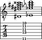  
<<
  %\override Score.BarLine.break-visibility = ##(#f #t #t)
  \time 2/1
    \new Staff  {
    \clef "treble_8"
        \once \override Staff.TimeSignature #'stencil = ##f
        <dis  dis' fis' ais' cisis''>1 | <ees  ees' ges' bes' d''>1 |
    }

     \new TabStaff {
       \override Stem #'transparent = ##t
       \override Beam #'transparent = ##t 
      s2 <dis\6  dis'\4 fis'\3 ais'\2 d''\1>1 s2
  }
>>
