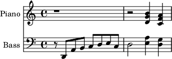 << \new Staff \with {  instrumentName = #"Piano "} \relative c'{\clef trebble \time 4/4  \set Staff.midiInstrument=#"piano" r1 r2 <<d4 g4 b4>> <<c,4 f4 a4>>} \new Staff \with {  instrumentName = #"Bass "} \relative c,{\clef bass \time 4/4  \set Staff.midiInstrument=#"bass" r8 d a' b c d e c d2 <<e4 a4>> <<d,4 g4>>}>>