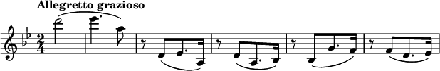 \relative c''' {
\key bes \major
\time 2/4
\tempo "Allegretto grazioso"
d2( | es4. a,8) | r8 d,,8[( es8. a,16]) | r8 d[( a8. bes16]) | r8 bes[( g'8. f16]) | r8 f[( d8. es16]) |
}