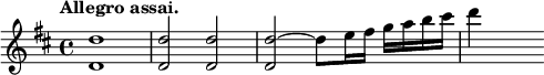 { \tempo "Allegro assai." \key d \major \time 4/4 \relative d'' { <d d,>1 q2 q q ~ d8 e16 fis g a b cis | d4 s } }