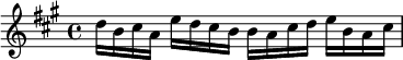 
{
\clef treble
\key a \major 
\time 4/4
d''16 b' cis'' a' e'' d'' cis'' b' b' a' cis'' d'' e'' b' a' cis''
}
