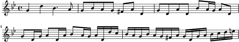 \relative c'' {\key g \minor\time 4/4g4 d' bes4. a8 | g bes a g fis a d,4 | g8 d a' d, bes' a16 g a8 d, | g8 d16 g a8 d,16 a' bes8 a16 g a d, d' c | bes a g bes a g fis a g d g a bes c d e |}