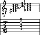  
<<
  %\override Score.BarLine.break-visibility = ##(#f #t #t)
  \time 2/1
    \new Staff  {
    \clef "treble_8"
        \once \override Staff.TimeSignature #'stencil = ##f
        <  fis a c' e'>1 | <  ges beses deses' fes'>1 |
    }

     \new TabStaff {
       \override Stem #'transparent = ##t
       \override Beam #'transparent = ##t 
      s2 <  fis\4 a\3 c'\2 e'\1>1 s2
  }
>>
