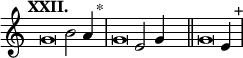 
\language "français" % pour avoir du sol, la etc...
\relative {  \key do \major \tempo "XXII."   
            \set Score.tempoHideNote = ##t \tempo 4 = 200 \cadenzaOn 
            \override Score.TimeSignature.stencil = ##f 
            \override Score.SpacingSpanner.common-shortest-duration = #(ly:make-moment 1 2) 
\tweak duration-log #-1 \tweak Stem.stencil ##f 
sol'2 si2 la4 s4.^"*"\bar "|" 
\tweak duration-log #-1 \tweak Stem.stencil ##f 
sol2 mi2 sol4  s4.\bar "||"
\tweak duration-log #-1 \tweak Stem.stencil ##f 
sol2 mi4  s4.^"+"\bar "|"
\cadenzaOff }
