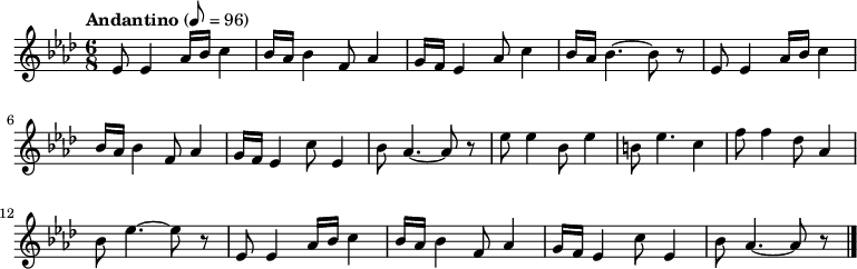 
{ \new Staff \relative a' {
 \clef treble
 \key aes \major
 \tempo "Andantino" 8 = 96
 \time 6/8
 \set Staff.midiInstrument = "violin"
 ees8 ees4 aes16 bes c4 bes16 aes bes4 f8 aes4 g16 f ees4 aes8 c4 bes16 aes bes4.~ bes8 r
 ees,8 ees4 aes16 bes c4 bes16 aes bes4 f8 aes4 g16 f ees4 c'8 ees,4 bes'8 aes4.~ aes8 r
 ees'8 ees4 bes8 ees4 b8 ees4. c4 f8 f4 des8 aes4 bes8 ees4.~ ees8 r
 ees,8 ees4 aes16 bes c4 bes16 aes bes4 f8 aes4 g16 f ees4 c'8 ees,4 bes'8 aes4.~ aes8 r \bar "|."
 }
 } 