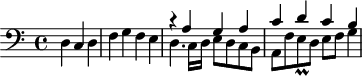 
\version "2.18.2"
\header {
 tagline = ##f
 % composer = "Johann Pachelbel"
 % opus = "Hexachordum Apollinis : Aria Prima"
 % meter = ""
}

\score {
<<
 \relative c {
 \clef bass
 \key c \major
 \time 4/4
 \override TupletBracket #'bracket-visibility = ##f 

 %s8*0^\markup{Aria}
 \partial 2.
 d4 c d | f g f e |
 << { r4 a4 g a | c d c b } 
 \\ { d,4. c16 d e8 d c b | a f' e8\prall d8 e f g4~ } >>

 }
>>
 \layout {
 #(layout-set-staff-size 17)
 \context { \Score \remove "Metronome_mark_engraver" 
 \override SpacingSpanner.common-shortest-duration = #(ly:make-moment 1/2)
 }
 }
}
