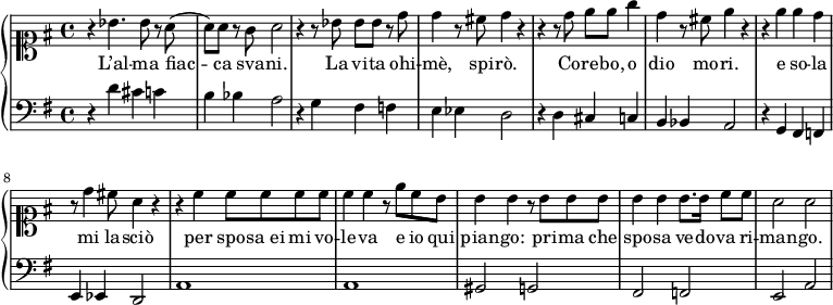 {\ set Score.tempoHideNote = ## t \ new PianoStaff << \ new Staff {\ clef soprano \ key g \ major \ time 4/4 \ tempo 4 = 60 r4 bes'4.  bes'8 r a '(a'8) a' rg 'a'2 r4 r8 bes' bes' bes' r d' 'd''4 r8 cis'' d''4 r r4 r8 d '' e ' 'e ' 'g''4 d''4 r8 cis' 'e''4 r r4 e' 'e' 'd' 'r8 d''4 cis''8 a'4 r r4 c' 'c' '8 c' 'c' 'c' 'c''4 c' 'r8 e' 'c' 'b' b'4 b 'r8 b' b 'b' b'4 b 'b'8.  b'16 c''8 c '' a'2 a '} \ addlyrics {L'al - ma fiac - ca sva - ni.  La vi - ta ohi - mè, spi - rò.  Co-re-bo, o dio mo-ri.  e so - la mi la - sciò per spo - "sa ei" mi vo - le - va e io qui pian - go: pri - ma che spo - sa ve - do - va ri - man - go.  } \ new Staff {\ clef bass \ key g \ major \ time 4/4 r4 d 'cis' c' b4 bes a2 r4 g fis f e4 es d2 r4 d cis cb, 4 bes, a, 2 r4 g, fis , f, e, 4 es, d, 2 a, 1 a, 1 g dièse, 2 g, f dièse, 2 f, e, 2 a,} >>}