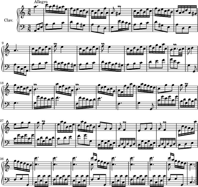 
\version "2.18.2"
\header {
  tagline = ##f
  % composer = "Domenico Scarlatti"
  % opus = "K. 341"
  % meter = "Allegro"
}

%% les petites notes
trillF      = { \tag #'print { f4\prall } \tag #'midi { g32 f g f~ f8 } }
trillFq     = { \tag #'print { f8\prall } \tag #'midi { g32 f g f } }
trillBp     = { \tag #'print { b4.\prall } \tag #'midi { c32 b c b~ b4 } }
trillCqp    = { \tag #'print { c8.\prall } \tag #'midi { d32 c d c~ c16 } }
trillGis    = { \tag #'print { gis4\prall } \tag #'midi { a32 gis a gis~ gis8 } }

upper = \relative c'' {
  \clef treble 
  \key a \minor
  \time 3/8
  \tempo 4. = 72
  \set Staff.midiInstrument = #"harpsichord"

  \repeat volta 2 {
      s8*0^\markup{Allegro}
      a'4. | c16 a b gis a e | f d e c d b | c a d a f' a, | a8 \trillGis | c16 a d b e c |
      % ms. 7
      f16 d e c d b | c a b d a gis | a4. | \repeat unfold 2 { c16 a d b e c | \trillFq e4 }
      % ms. 14
      c16 a d b e c | f d g e a c, | b8 \trillCqp b32 c |   \tempo 4. = 62 c8 d4 | g16 d e c d a | \trillBp | a'16 e f c d a |
      % ms. 21
      \trillBp | g'16 d e b c g | a f f' d a' f | e a g f e d | c8 g' g | g \trillF |
      % ms. 27
      e8 g g | g \trillF | e16 a g b, c e | d a' g c, d b | c8 g g | g \trillF |
      % ms. 33
      e8 g g | g \trillF | e16 c' b a g a' | g f e d c b |  \repeat unfold 2 { < c c' >4. | q |
      % ms. 39
      q | << { c'16[ a] } \\ { c,8 g'16[ f e d] } >> } c4. }%repet

}

lower = \relative c' {
  \clef bass
  \key a \minor
  \time 3/8
  \set Staff.midiInstrument = #"harpsichord"

  \repeat volta 2 {
    % ************************************** \appoggiatura a16  \repeat unfold 2 {  } \times 2/3 { }   \omit TupletNumber 
      a,8 c e | a b c | d b gis | a f d | e e'16 d c b | a8 b c |
      % ms. 7
      d gis, e | a d, e | a16 e c e   \tempo 4. = 32 a,8   \tempo 4. = 72 | \repeat unfold 2 { a'8 b c | d16 b c a b gis }
      % ms. 14
      a8 b c | d e f | g e c | g4   \tempo 4. = 52 g,8   \tempo 4. = 72 | g'4. | g16 g' f e d e | f4. | 
      % ms. 21
      f,16 f' e d c d | e4. | f, | g4 g,8 | \repeat unfold 2 { c'16 g' e g c, g' | b, d g, d' b d } |
      % ms. 29
      c8 d e | f g g, | \repeat unfold 2 { c,16 g' e g c, e | b d g, d' b d } |
      % ms. 35
      c8 d e | f g g, | \repeat unfold 2 { c16 c' e, c' c, c' | f, c' a c f, c' | e, c' c, c' e, c' | f,8 g g, } | c4. }%repet
      

}

thePianoStaff = \new PianoStaff <<
    \set PianoStaff.instrumentName = #"Clav."
    \new Staff = "upper" \upper
    \new Staff = "lower" \lower
  >>

\score {
  \keepWithTag #'print \thePianoStaff
  \layout {
      #(layout-set-staff-size 17)
    \context {
      \Score
     \override TupletBracket.bracket-visibility = ##f
     \override SpacingSpanner.common-shortest-duration = #(ly:make-moment 1/2)
      \remove "Metronome_mark_engraver"
    }
  }
}

\score {
  \unfoldRepeats 
  \keepWithTag #'midi \thePianoStaff
  \midi { }
}
