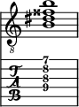  
<<
  %\override Score.BarLine.break-visibility = ##(#f #t #t)
  \time 1/1
    \new Staff  {
    \clef "treble_8"
        \once \override Staff.TimeSignature #'stencil = ##f
        <  b dis' fisis' b'>1
    }

     \new TabStaff {
       \override Stem #'transparent = ##t
       \override Beam #'transparent = ##t 
      <  b\4 dis'\3 g'\2 b'\1>1
  }
>>
