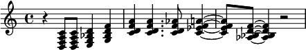 
<<
%\chords {\set Staff.midiInstrument = #"off"c1:7 f:6}
\new Staff \relative c {\set Staff.midiInstrument = #"drawbar organ"r4 <d f a c>8 <d f a c>8 <e g bes d>4 <g bes d f>
<c d f a> <c d f a>4. <c d f as>8 <c es f a>4~ <c es f a>8 <as bes d f>8~ <as bes d f>4 r2}>>