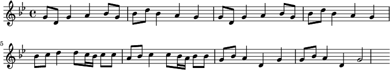 
{
\relative c' {
  \key g \minor
g'8 d8 g4 a4 bes8 g8 bes8 d8 bes4 a4 g4 
g8 d8 g4 a4 bes8 g8 bes8 d8 bes4 a4 g4 
bes8 c8 d4 d8 c16 bes16 c8 c8 a8 bes8 c4 c8 bes16 a16 bes8 bes8 
g8 bes8 a4 d,4 g4 g8 bes8 a4 d,4 g2
 } }
\addlyrics { 
\lyricmode {
   
} }

  \midi {
    \context {
      \Score
      tempoWholesPerMinute = #(ly:make-moment 80 4)
    }
  }
