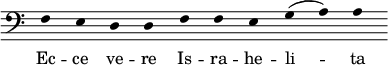 
\language "italiano"
basMusic = \relative do {
  \clef bass \hide Stem
  \cadenzaOn fa4 mi re re fa fa mi sol( la) la
}
basWords = \lyricmode {
  Ec -- ce ve -- re Is -- ra -- he -- li -- ta
}
\score {
  <<  
      \new Staff = "altos"
      <<
        \new Voice = "altos" { \basMusic }
      >>
      \new Lyrics \lyricsto "altos" { \basWords }
  >>
    \layout {
      \context { \Staff \RemoveEmptyStaves 
                        \remove Time_signature_engraver }
      \context { \Score \override SpacingSpanner.base-shortest-duration = #(ly:make-moment 1/16) }
    indent = 0\cm
    \override Score.BarNumber #'stencil = ##f
    line-width = #120
    ragged-last = ##t
  } % layout
} % score
\header { tagline = ##f}

