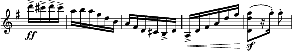 \ relative c '\ new Staff \ cu {\ remove "Time_signature_engraver"} {\ key g \ major \ time 3/8 \ partial 4 d''16 -> \ ff cis-> d-> cis-> aba fis dba fis d cis b-> da -> \ <d fis ad fis <gdd,> 8 \ sf [(r16 g-.)] g8-. }