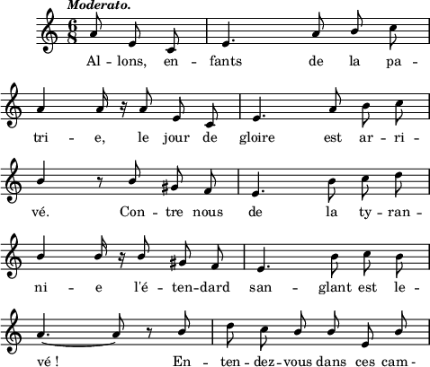 
\score {
\relative c'' {
\new Staff {
\clef G
\key c \major
\time 6/8
\tempo \markup { \fontsize #-1 \italic "Moderato." }
\autoBeamOff \override Rest #'style = #'classical \override Score.BarNumber #'break-visibility = #'#(#f #f #f)
\partial 8*3 a8 e c | e4. a8 \stemUp b \stemNeutral c | \break
a4 a16 r16 a8 e c | e4. a8 b c | \break
\stemUp b4 r8 b8 gis f | e4. \stemNeutral b'8 c d | \break
\stemUp b4 b16 r16 b8 gis f | e4. \stemNeutral b'8 c b | \break
a4.~ a8 r8 \stemUp b8 | \stemDown d c \stemUp b b e, b' |
} %staff
\addlyrics {
Al -- lons, en -- fants de la pa -- tri -- e,
le jour de gloire est ar -- ri -- vé.
Con -- tre nous de la ty -- ran -- ni -- e
l'é -- ten -- dard san -- glant est le -- vé_!
En -- ten -- dez -- vous dans ces cam_-
} %lyrics
} %relative
\layout{
  indent = 1\cm
  line-width = #120
  \set fontSize = #-1
} %layout
} %score
\header { tagline = ##f}
