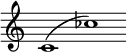 
\relative c' {
  \override Staff.TimeSignature #'stencil = ##f
  \cadenzaOn
  c1^(ces')
}
